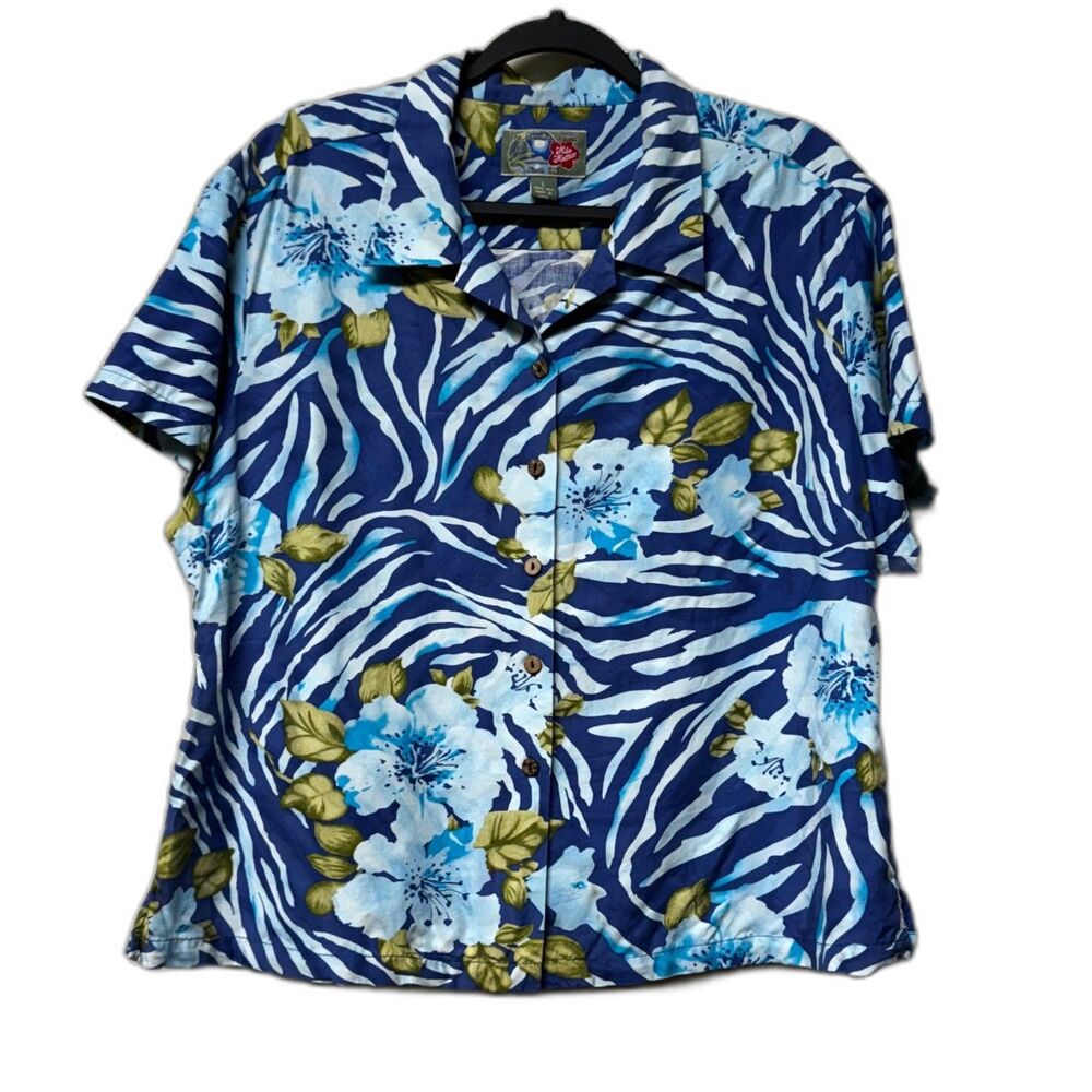 HILO HATTIE 100% Silk Hawaiian Hibiscus Animal Print Button Up Shirt, Sz L